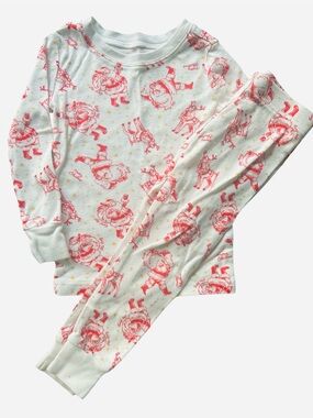 Kids 2T White Pajama Set with Red Santa Reindeer Christmas Print like new
